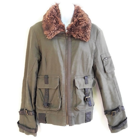 Vila Jacket DK Denmark Cargo Safari Leather Removable Fur Collar Quilt Lined S - Picture 2 of 8